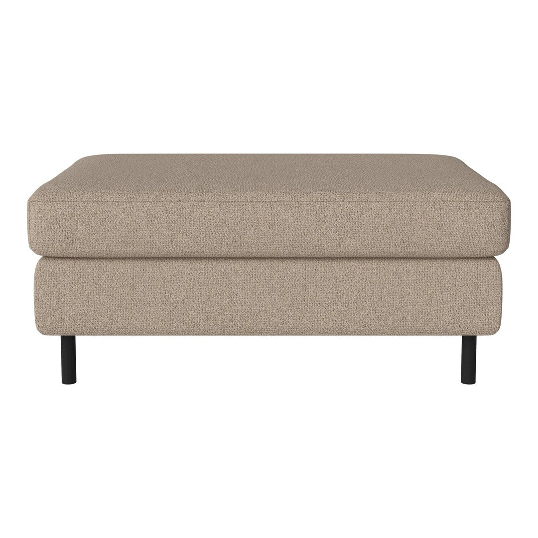 Beige upholstered ottoman with a simple, modern design and black metal legs. Soft texture without patterns.