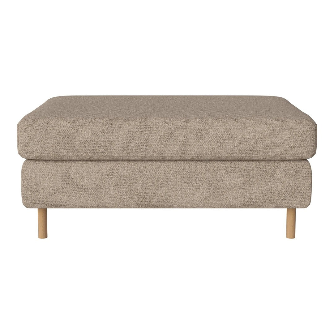 Beige upholstered ottoman with a solid pattern and natural wood legs for a minimalist aesthetic.