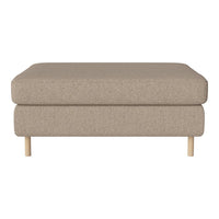 Beige upholstered ottoman with a smooth texture and light wood legs, perfect for modern living spaces.