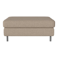 Beige upholstered ottoman with a smooth texture and minimalist design, featuring sleek metal legs.