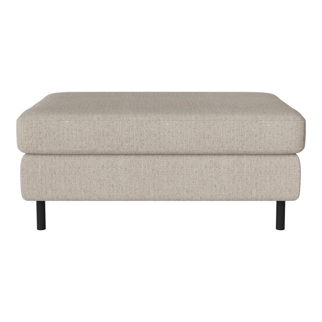 Light beige ottoman with a textured fabric, featuring a sleek design and black metal legs. Ideal for modern decor.