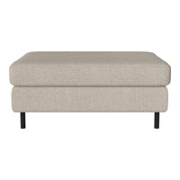 Light beige ottoman with a textured fabric, featuring a sleek design and black metal legs. Ideal for modern decor.