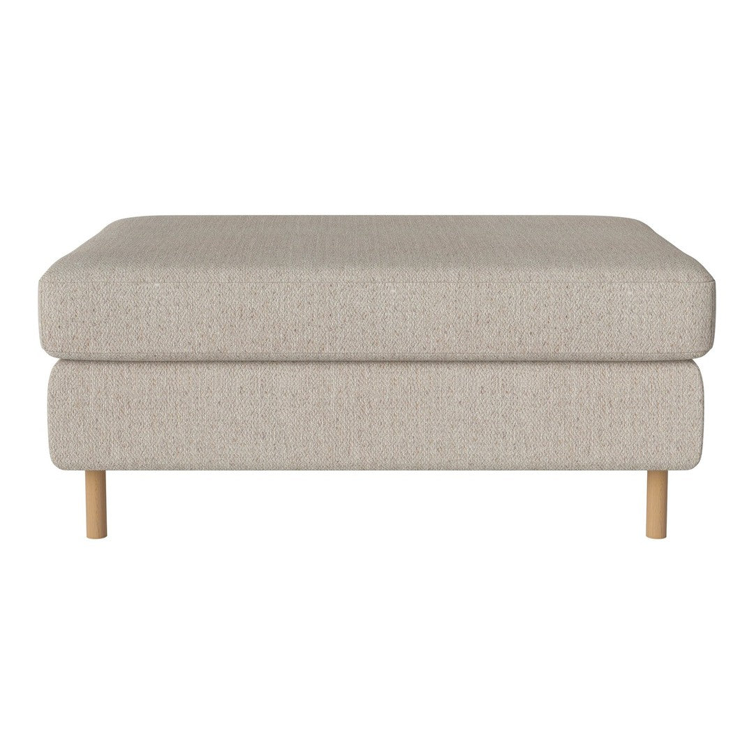 Beige fabric ottoman with a textured pattern and light wood legs, perfect for modern living spaces.