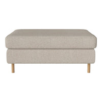 Beige fabric ottoman with a textured pattern and light wood legs, perfect for modern living spaces.