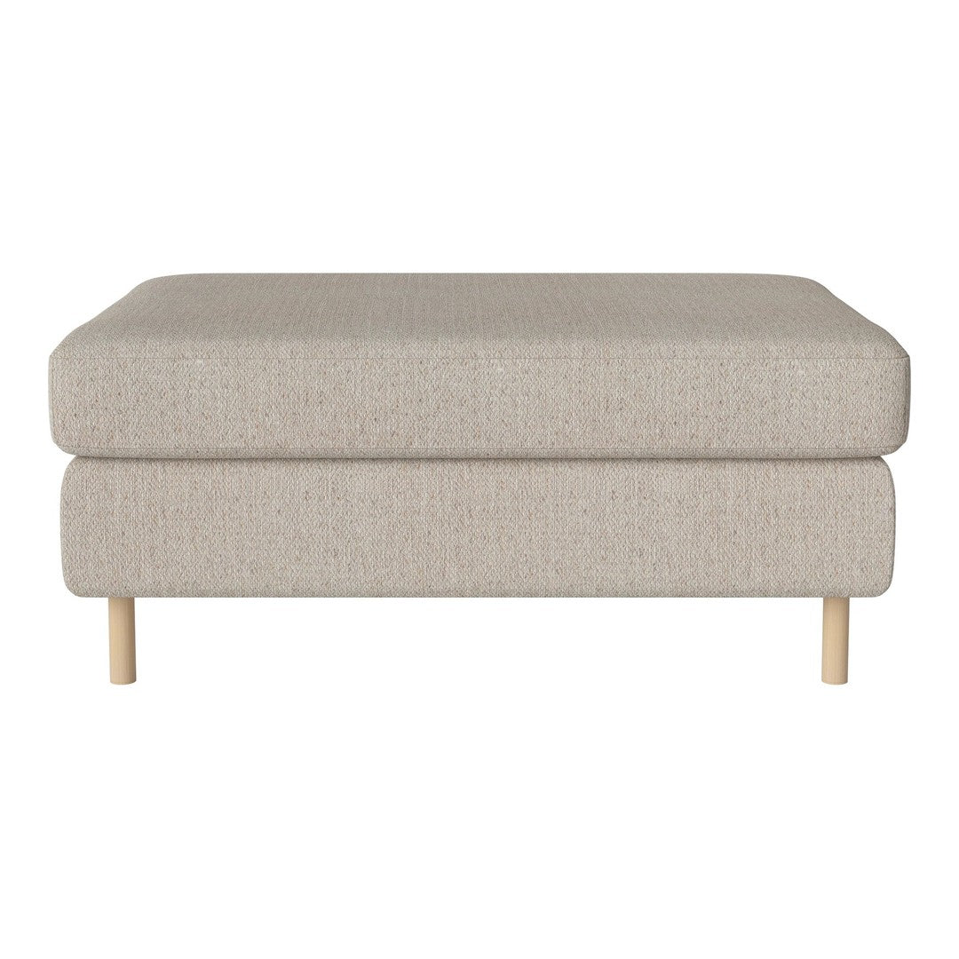 Light beige upholstered ottoman with a smooth texture and wooden legs, featuring a minimalist design.