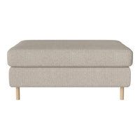 Light beige upholstered ottoman with a smooth texture and wooden legs, featuring a minimalist design.