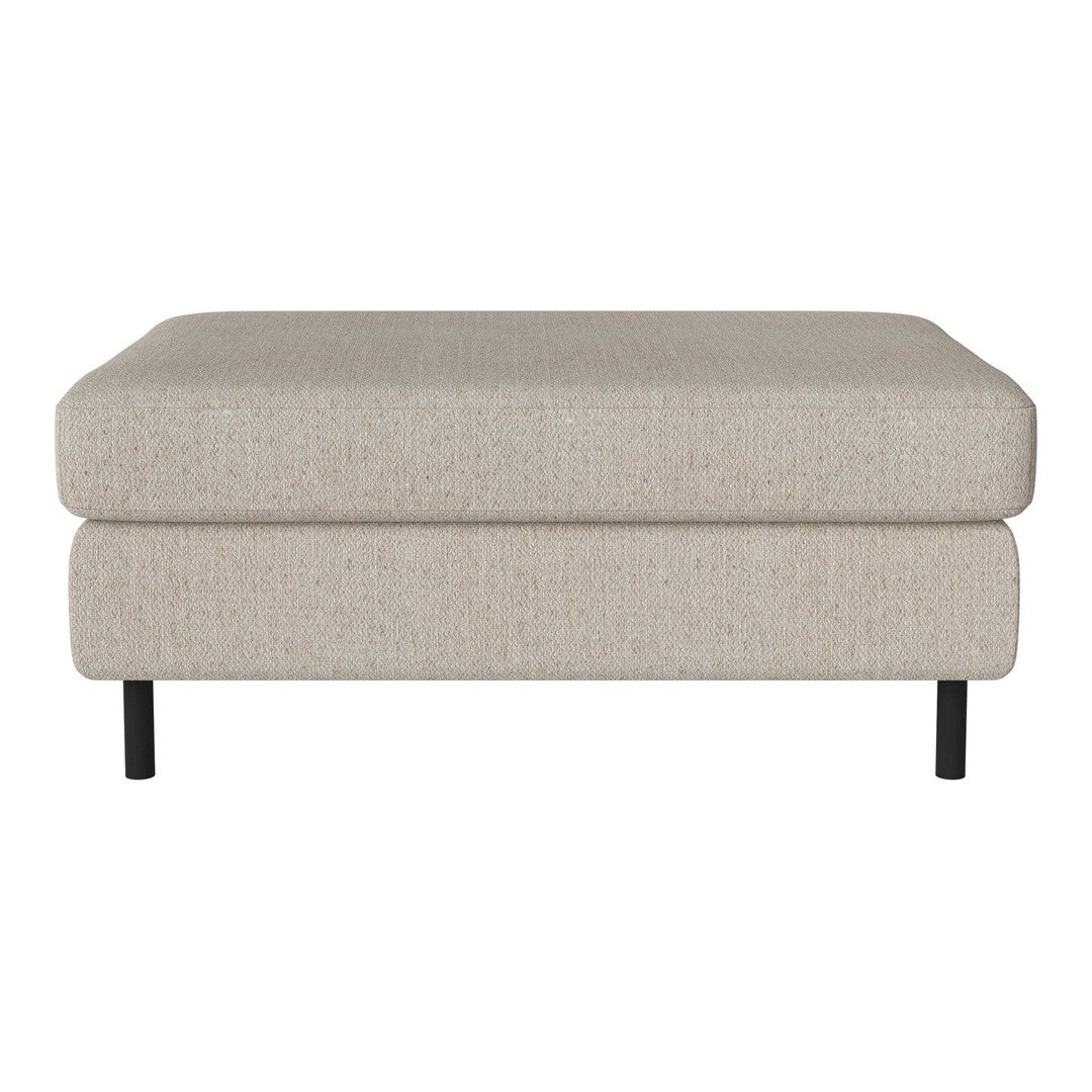 Light beige ottoman with a textured fabric and black legs, offering a modern, minimalist design.