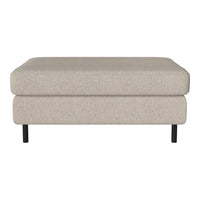 Light beige ottoman with a textured fabric and black legs, offering a modern, minimalist design.