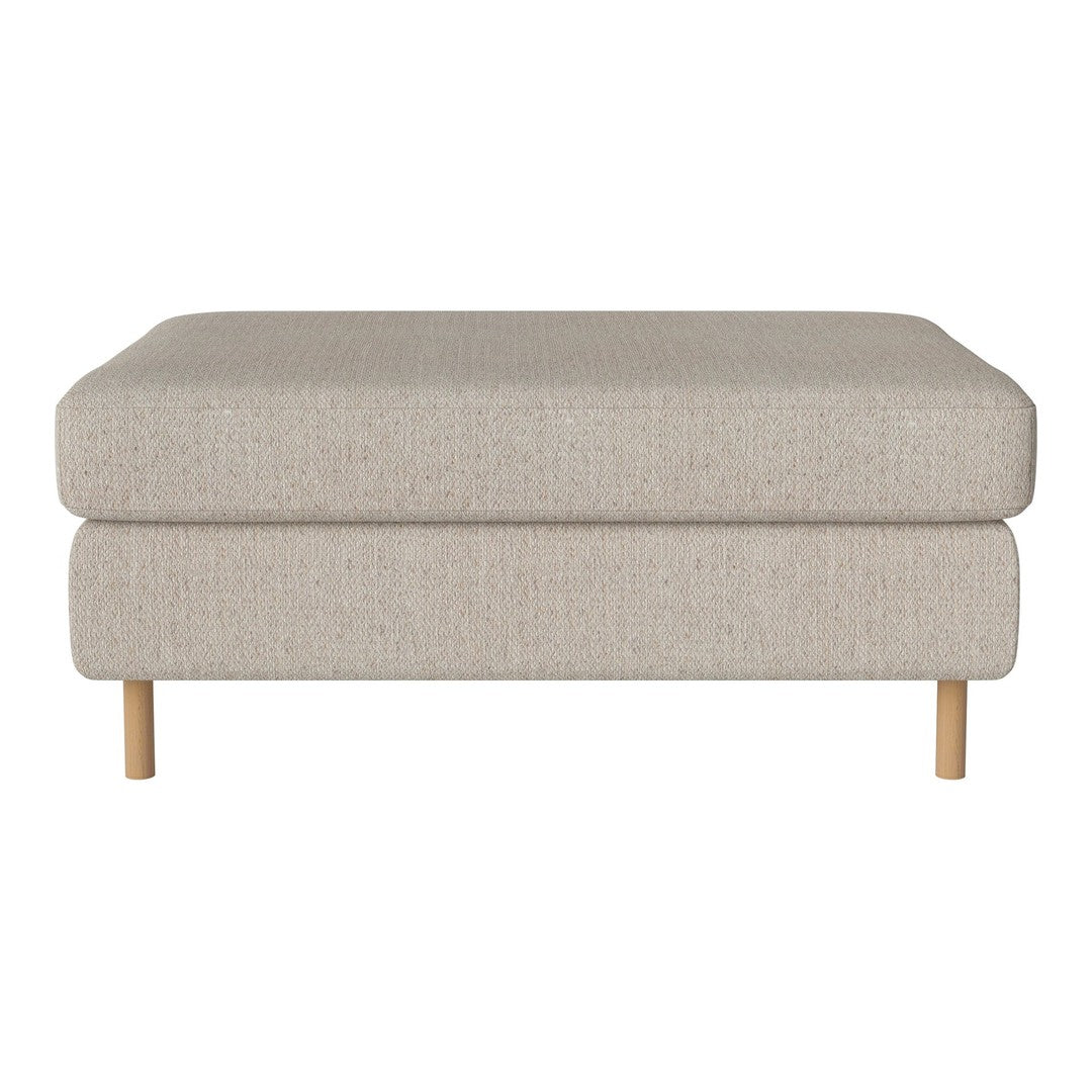 Beige upholstered ottoman with a textured fabric and light wood legs, featuring a minimalist design.