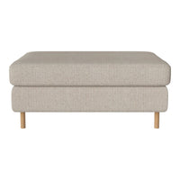 Beige upholstered ottoman with a textured fabric and light wood legs, featuring a minimalist design.
