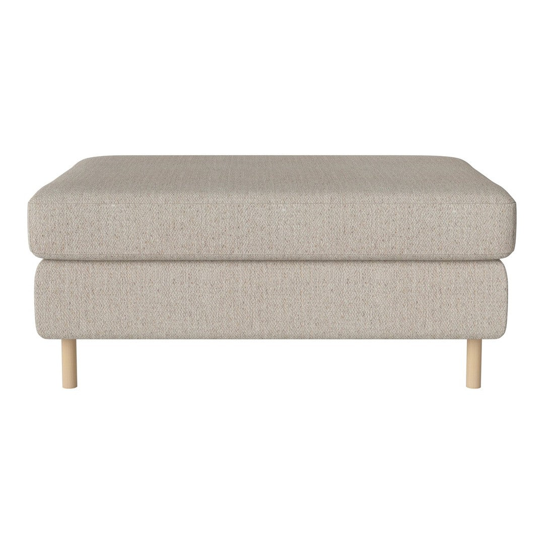 Light beige ottoman with a textured fabric and natural wood legs, offering a minimalist and modern style.