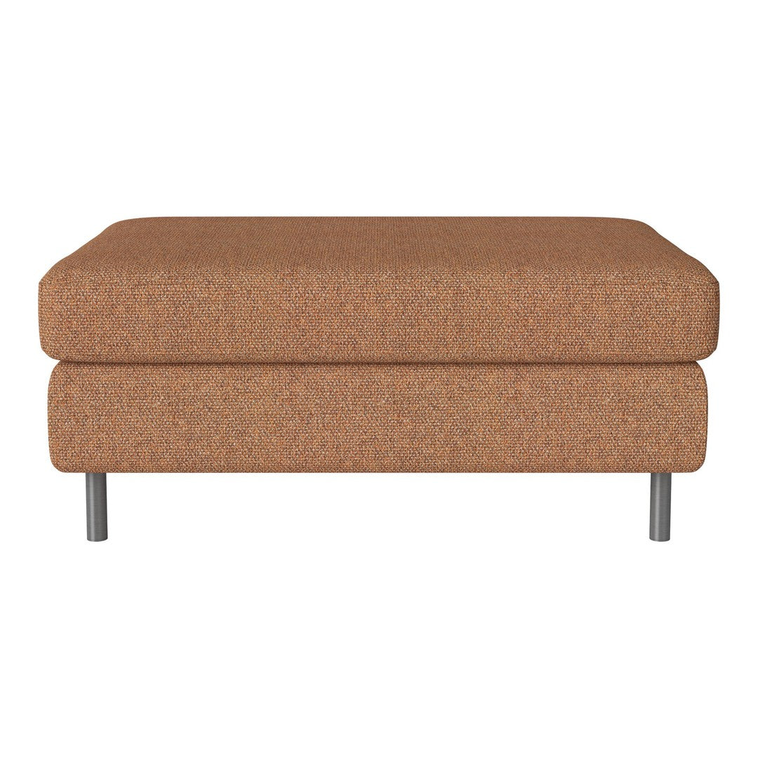 Brown textured ottoman with a minimalist design and metal legs, perfect for modern decor.