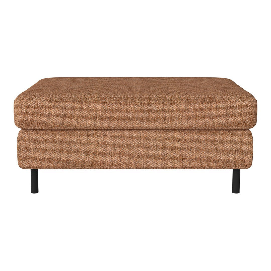 Brown textured ottoman with a minimalist design and black legs, perfect for contemporary living spaces.