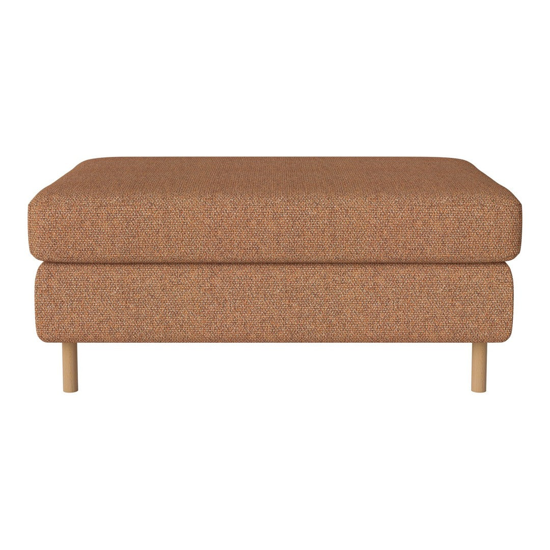 Brown upholstered ottoman with a textured pattern and wooden legs. Ideal for modern living spaces.