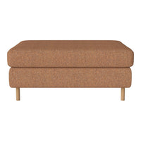 Brown upholstered ottoman with a textured pattern and wooden legs. Ideal for modern living spaces.