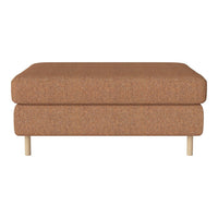 Brown upholstered ottoman with a smooth texture and wooden legs, featuring a minimalist design. Perfect for modern decor.
