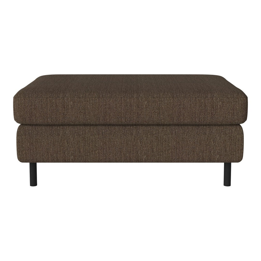 Brown textured ottoman with a sleek design and black metal legs, perfect for modern home decor.