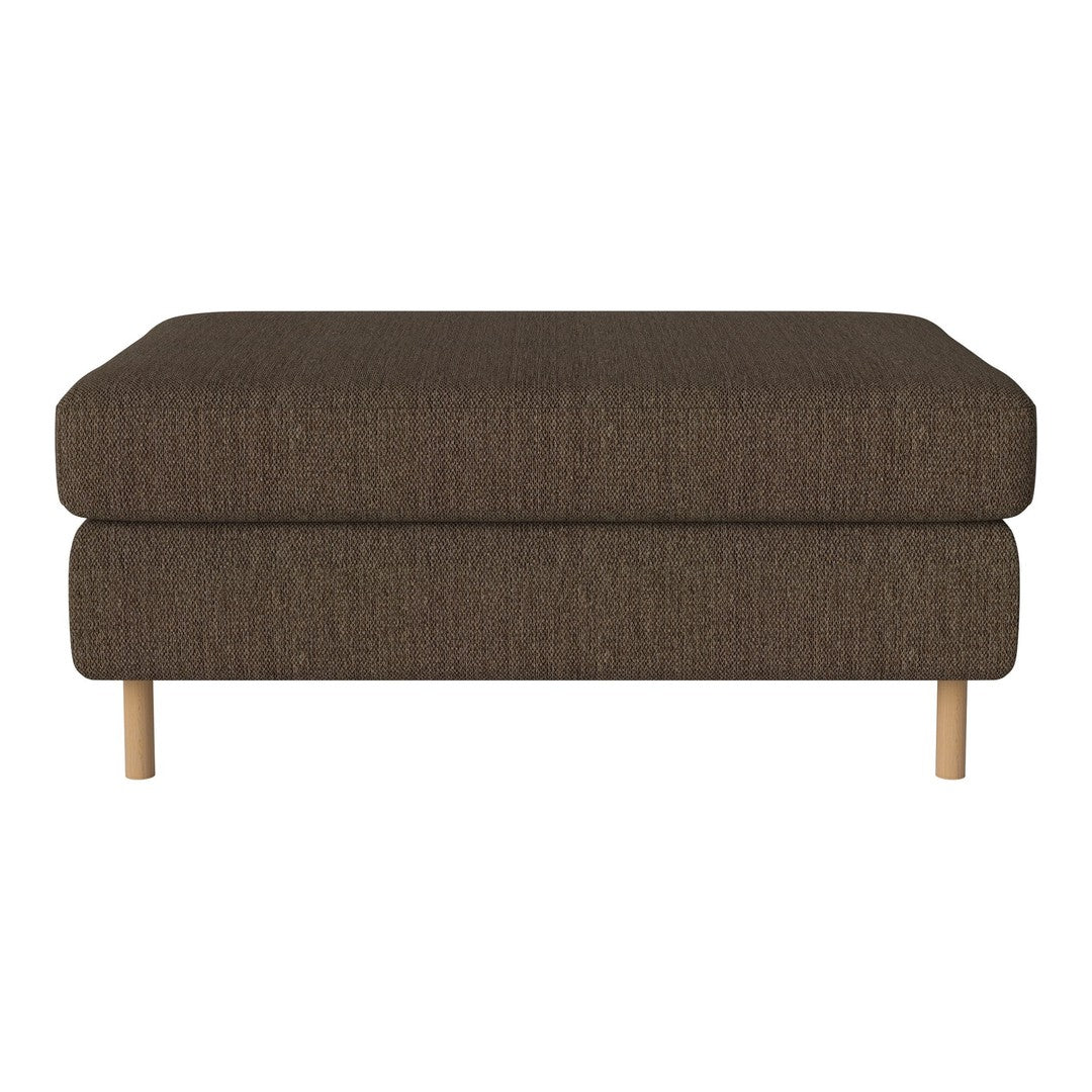 Brown upholstered ottoman with a textured fabric, featuring light wooden legs for a modern touch.