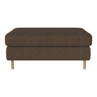 Brown upholstered ottoman with a textured fabric, featuring light wooden legs for a modern touch.