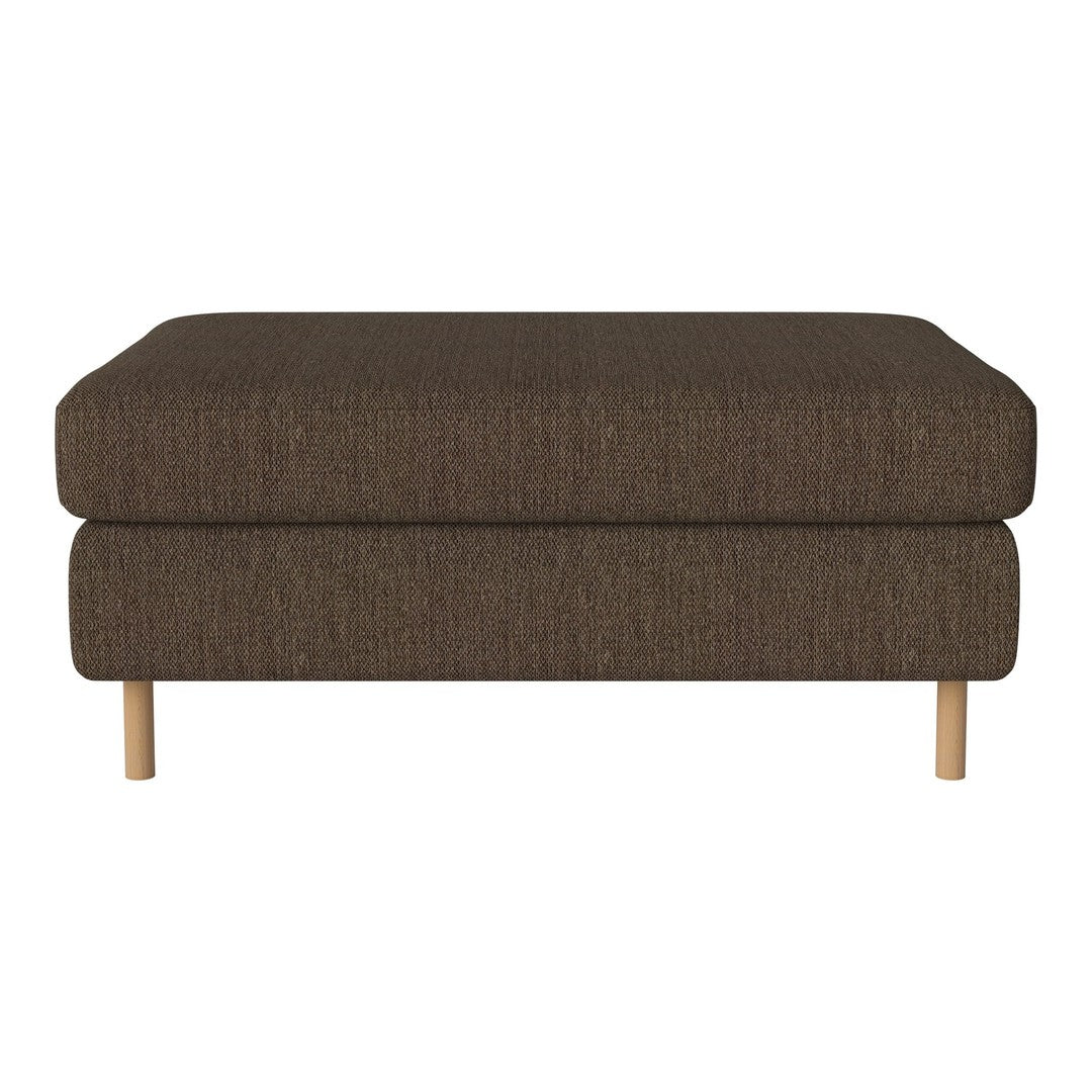Brown upholstered ottoman with a textured fabric and light wooden legs, featuring a simple and modern design.