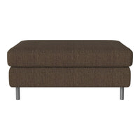 Textured dark brown ottoman with a sleek design and silver metal legs. Perfect for modern decor.