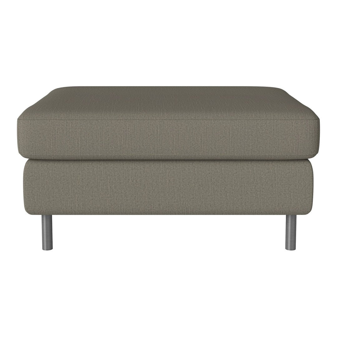 "Modern square ottoman in muted olive green, featuring a smooth textured fabric and sleek metal legs."