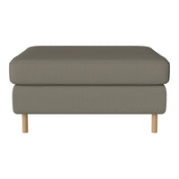 Gray upholstered ottoman with a textured finish and light wooden legs, ideal for modern living spaces.