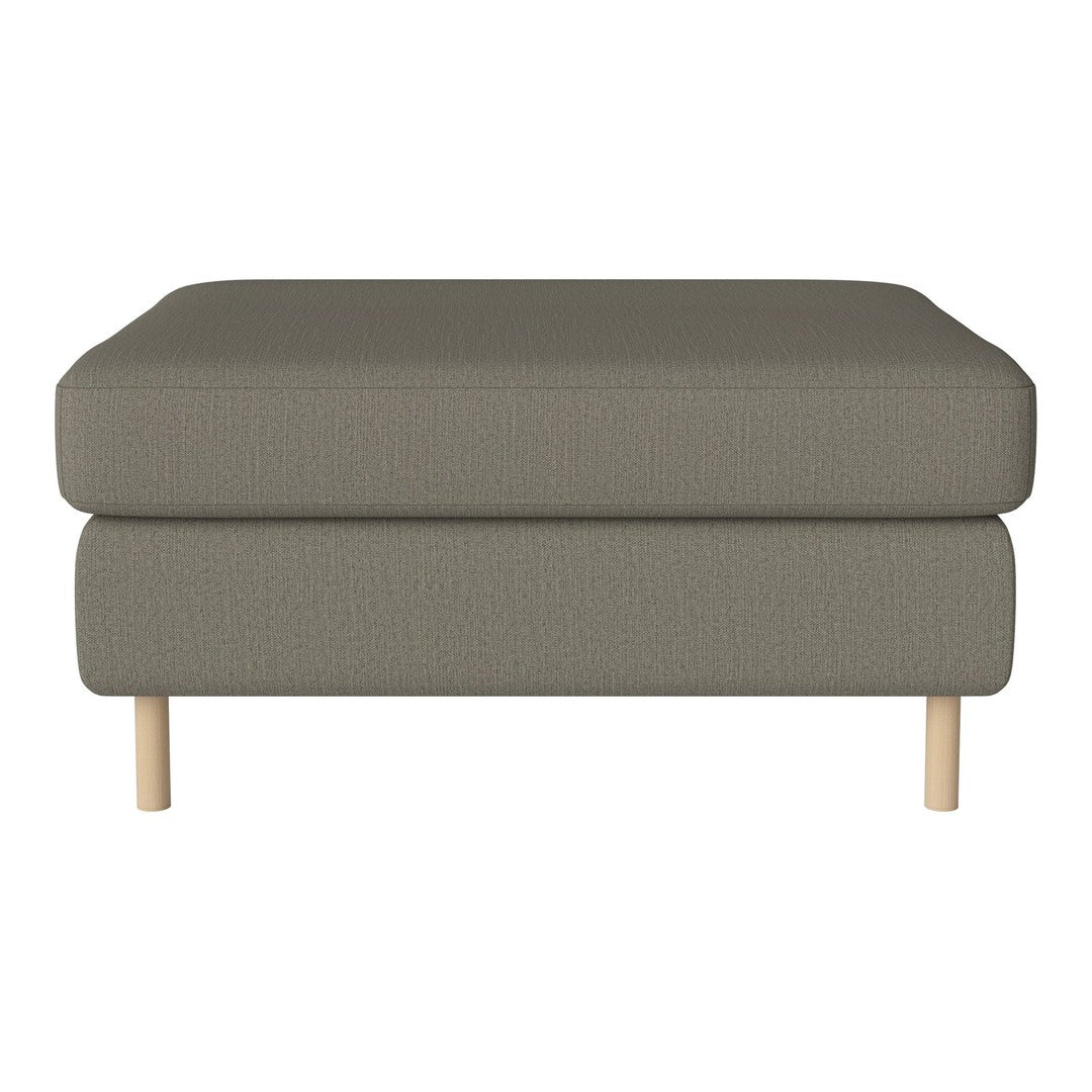 Gray upholstered ottoman with a textured pattern and light wood legs. Minimalist design for modern interiors.