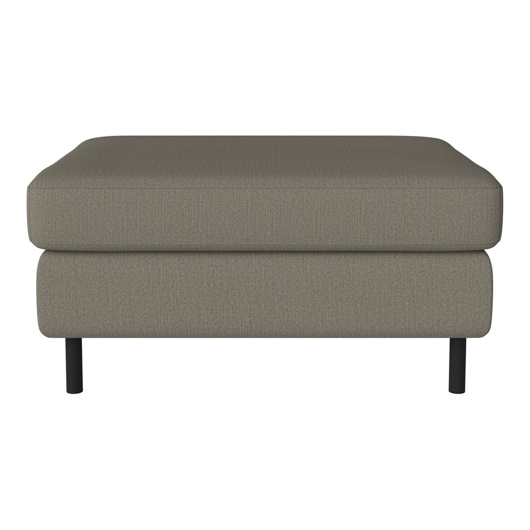 Gray upholstered ottoman with a textured pattern, featuring sleek black legs for modern style.