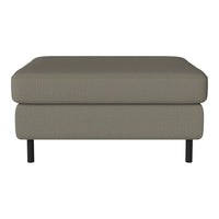 Gray upholstered ottoman with a textured pattern, featuring sleek black legs for modern style.