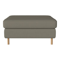 Gray upholstered ottoman with a textured pattern and natural wooden legs, perfect for modern living spaces.