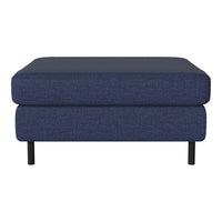Navy blue upholstered ottoman with a textured pattern and sleek black legs, perfect for modern decor.