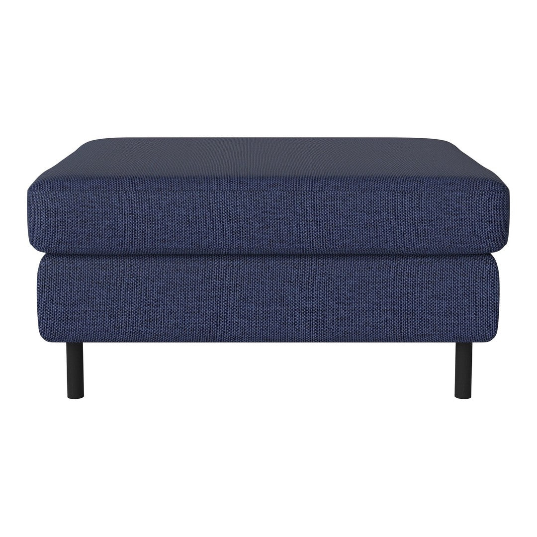Navy blue upholstered ottoman with a textured pattern and sleek black legs. Ideal for modern living spaces.