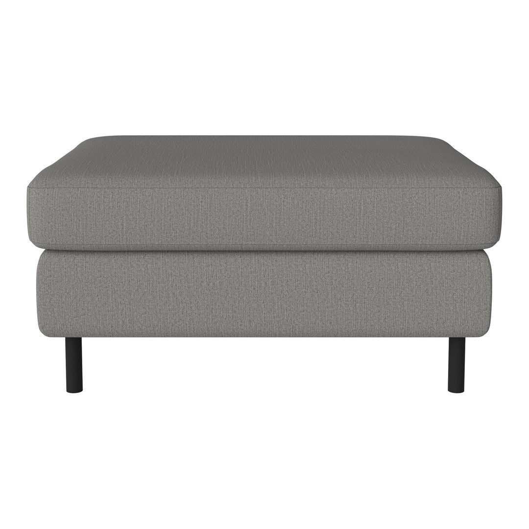 Gray upholstered ottoman with a textured pattern and black metal legs, ideal for modern living spaces.