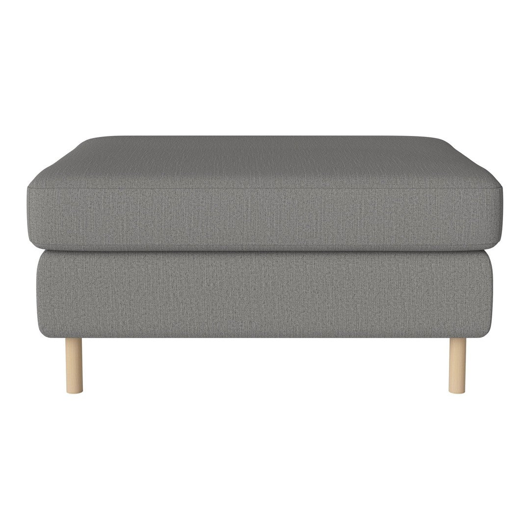 Grey upholstered ottoman with a textured pattern and light wooden legs, perfect for modern decor.