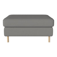Grey upholstered ottoman with a textured pattern and light wooden legs, perfect for modern decor.