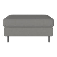 Gray upholstered ottoman with a textured pattern and sleek metal legs. Perfect for modern decor.