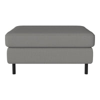 Gray upholstered ottoman with a textured pattern and sleek black legs. Perfect for modern living spaces.