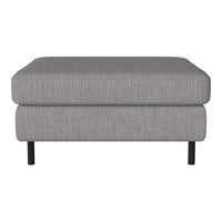 Gray upholstered ottoman with a subtle textured pattern and black metal legs, perfect for any modern decor.