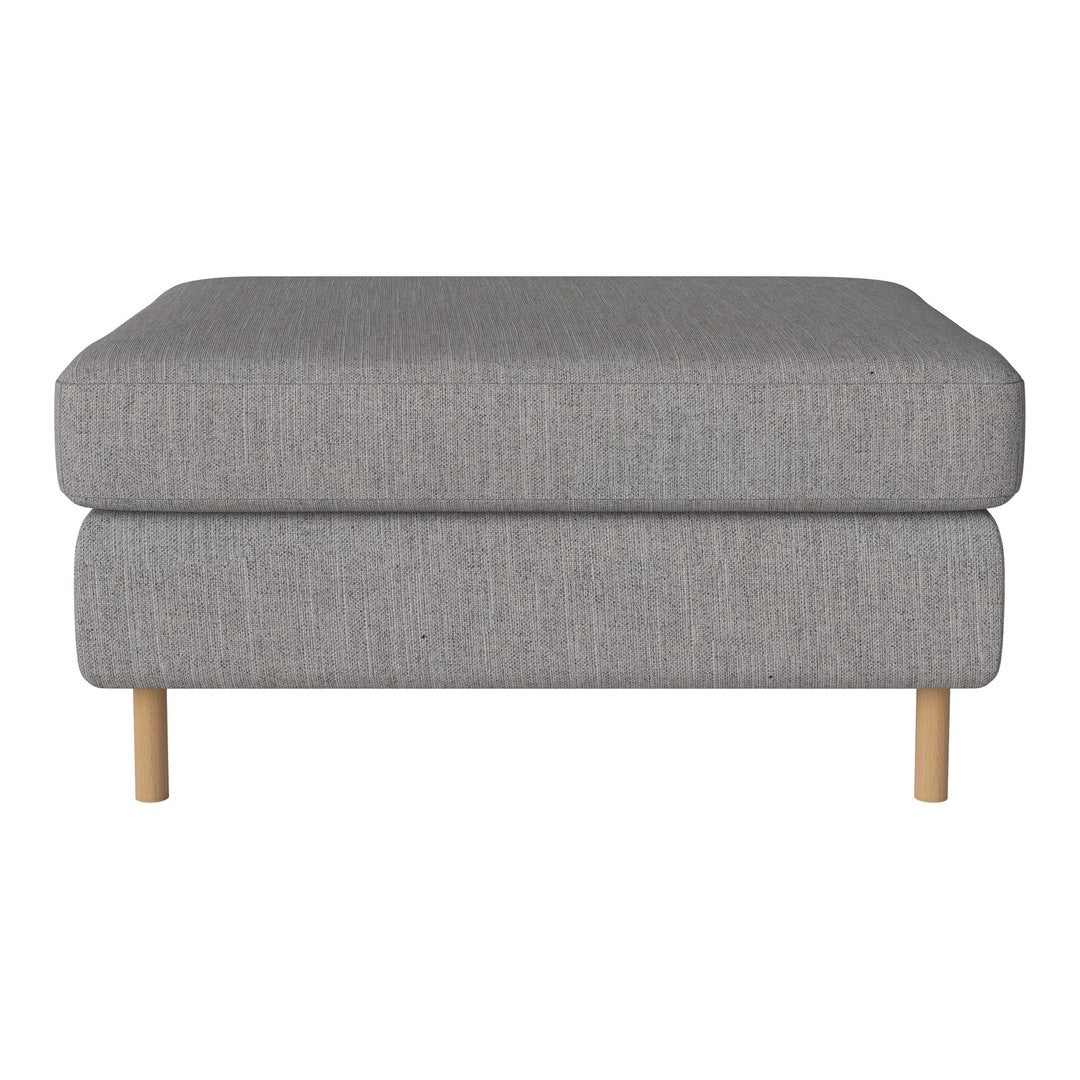 Gray upholstered ottoman with a textured pattern and natural wood legs. Perfect for modern decor.