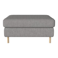 Gray upholstered ottoman with a soft, textured pattern and natural wood legs. Ideal for modern living spaces.