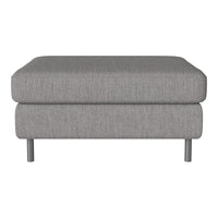 Gray upholstered ottoman with a smooth texture, featuring a minimalist design and sleek metal legs.