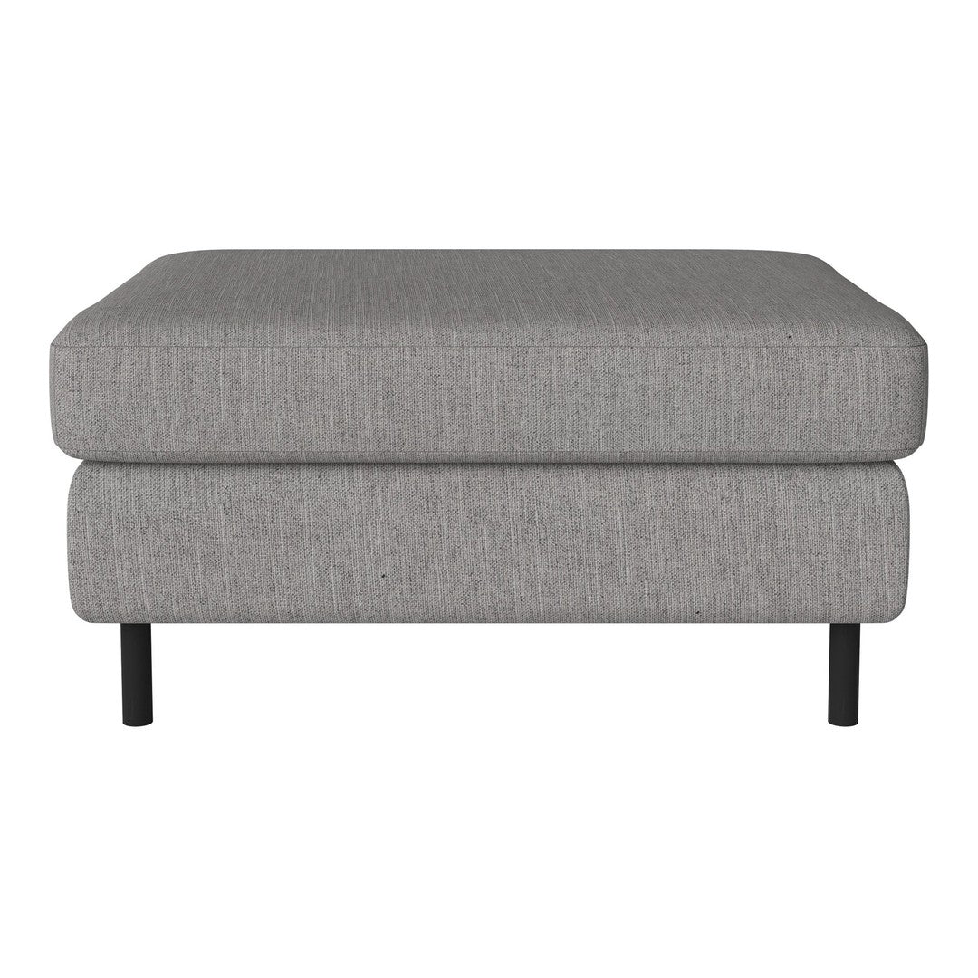 Gray upholstered ottoman with a textured pattern and black metal legs. Perfect for modern decor.