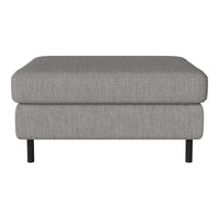 Gray upholstered ottoman with a textured pattern and black metal legs. Perfect for modern decor.