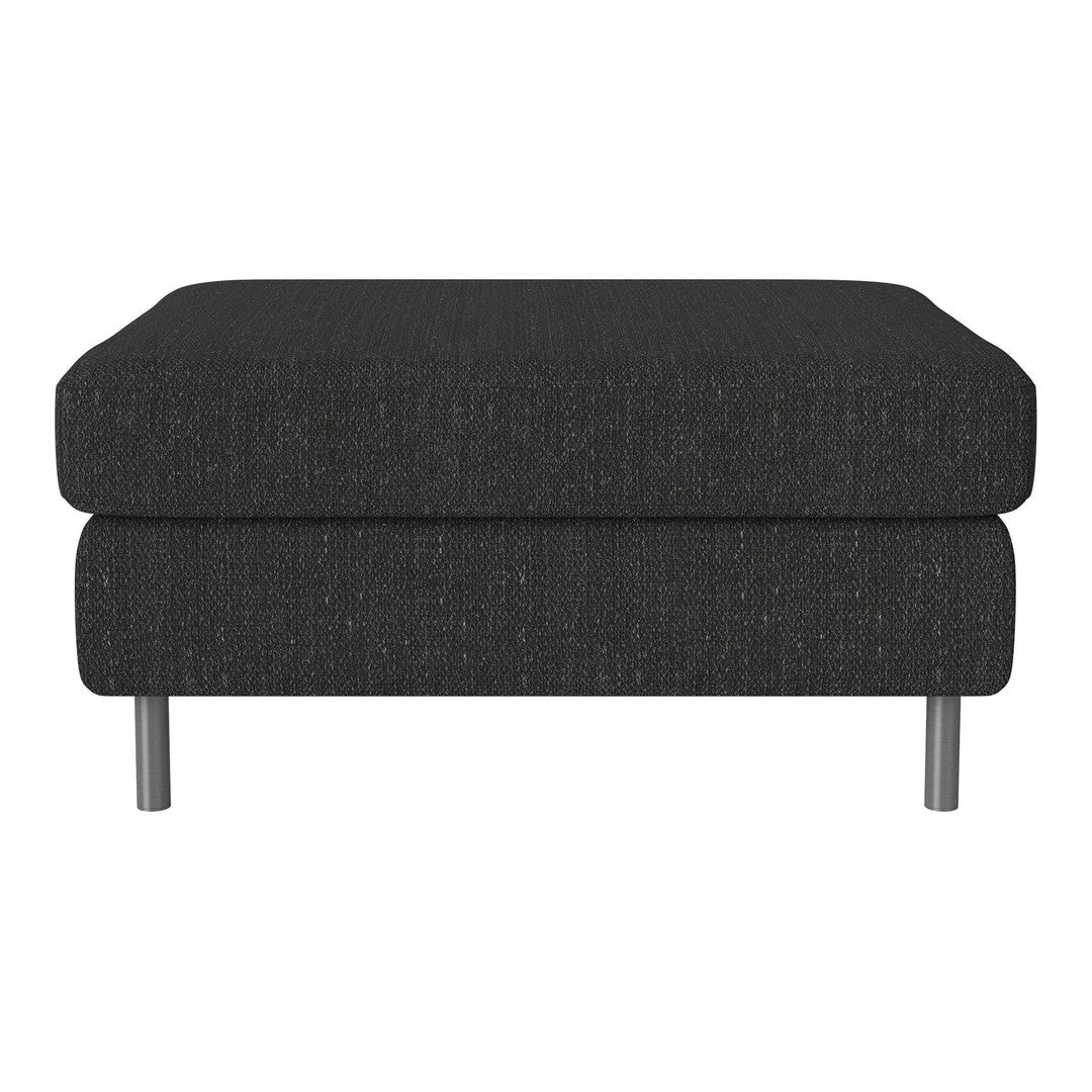 Dark gray upholstered ottoman with a subtle textured pattern and sleek metal legs. Ideal for modern decor.