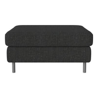 Dark gray upholstered ottoman with a subtle textured pattern and sleek metal legs. Ideal for modern decor.