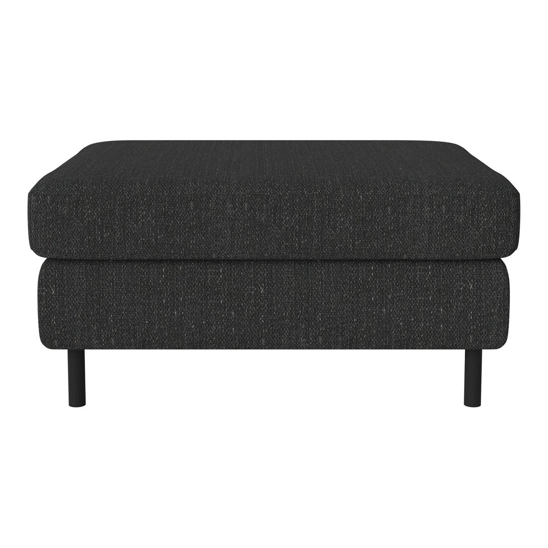Black upholstered ottoman with a textured pattern and sleek black legs. Modern and versatile for any decor.
