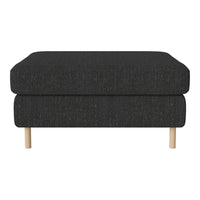 Dark gray upholstered ottoman with a textured pattern and light wooden legs. Perfect for modern living spaces.
