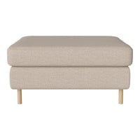 Beige upholstered ottoman with a smooth texture and light wooden legs, perfect for modern interiors.