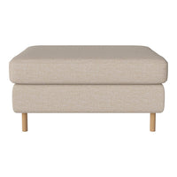Neutral beige upholstered ottoman with a smooth texture and natural wood legs, perfect for modern decor.